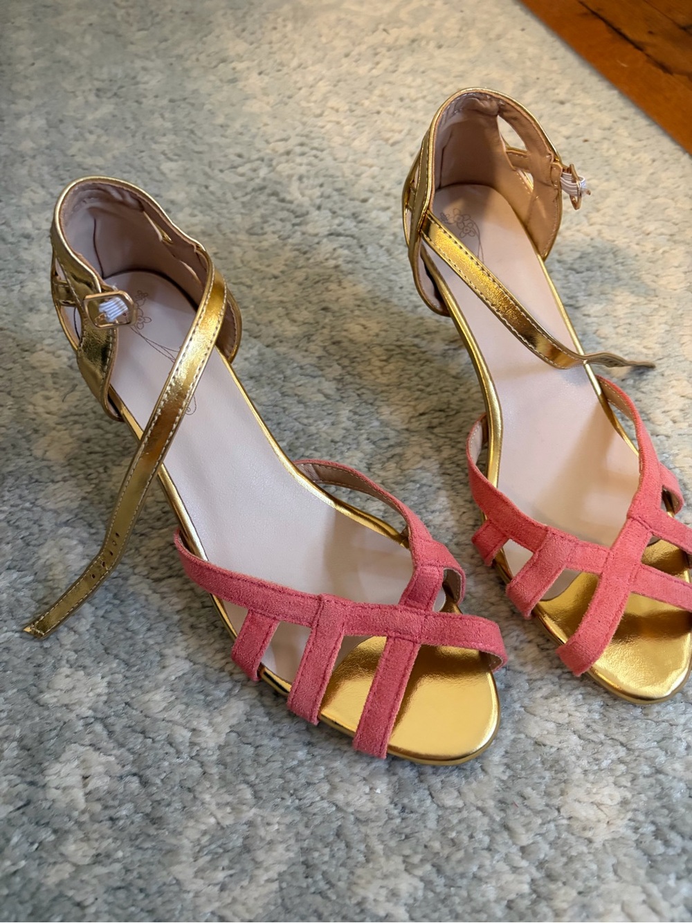 Gold Metallic and Coral Suede Strappy Women's Heels